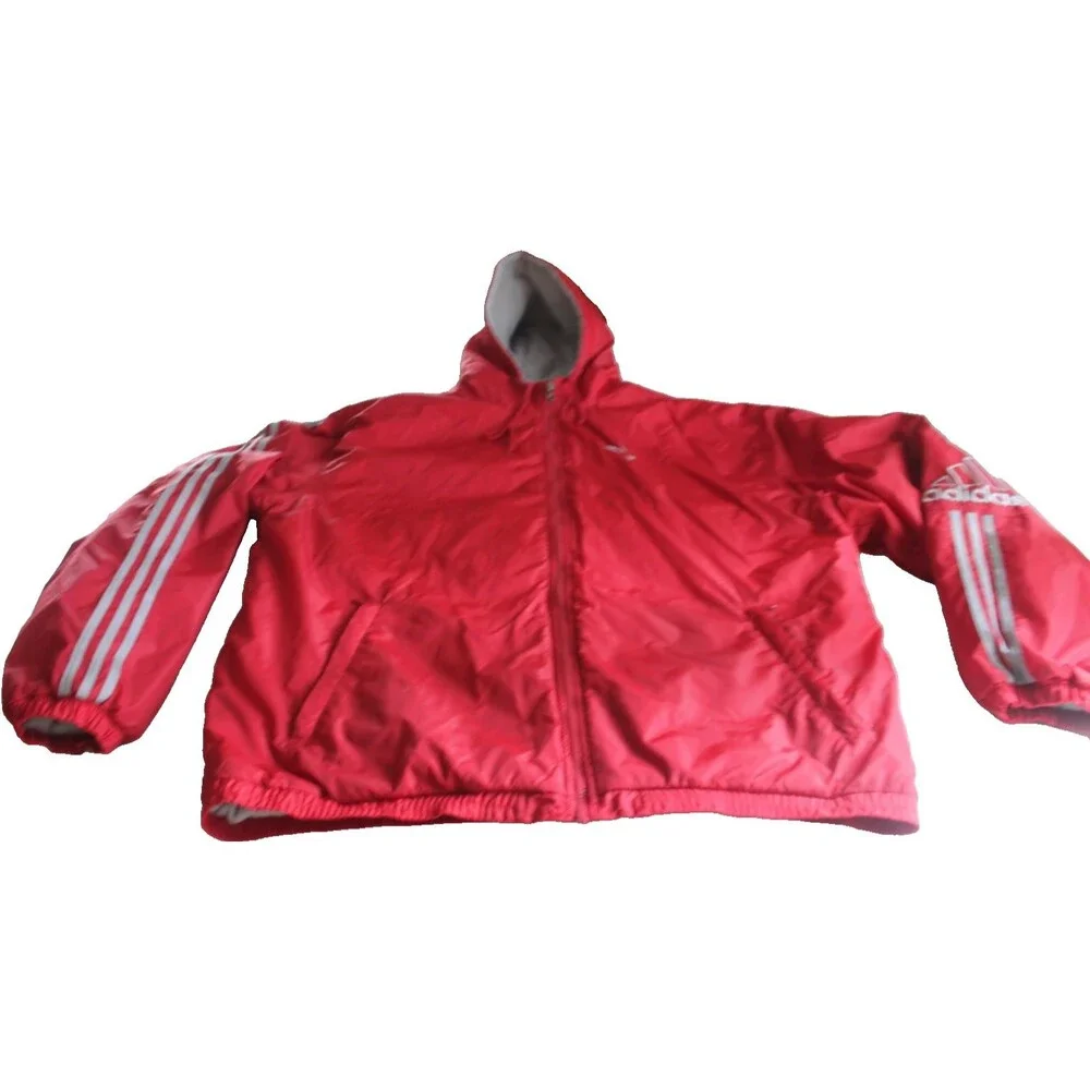 VTG Y2K Adidas Puffer Jacket Red Fleece Lined Hooded Men's Extra Large XL